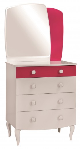 Comoda din pal cu 4 sertare si oglinda, pentru fete si tineret, Yakut Alb / Roz, l79xA50xH165 cm