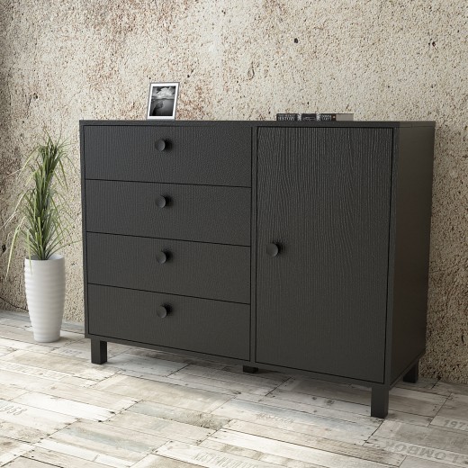 Comoda din pal si lemn, cu 4 sertare si 1 usa, Vilamo VL81-338 Negru, l120,6xA44,5xH93,5 cm