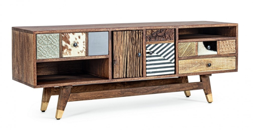 Comoda TV din lemn de mango, cu 3 sertare si 2 usi, Dhaval Multicolor / Natural, l140xA40xH48 cm