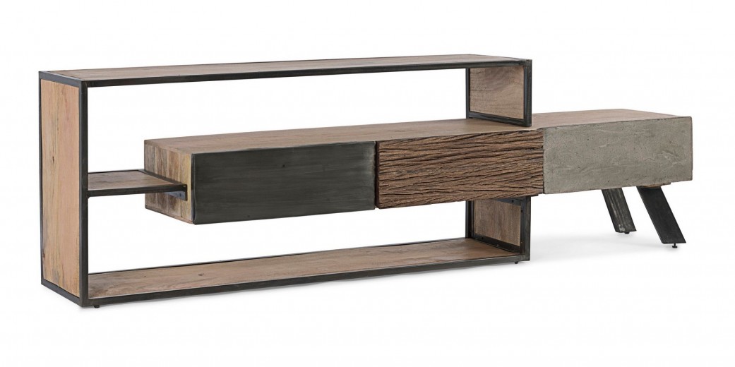 Comoda TV din lemn de mango si metal, cu 3 sertare, Manchester Natural / Gri, l195xA38xH60 cm
