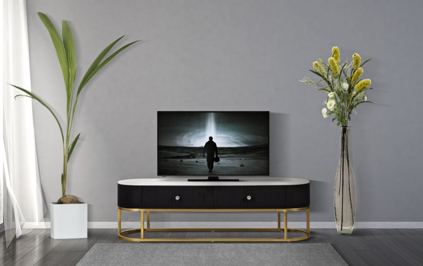 Comoda TV din lemn si metal tapitata cu stofa, 2 sertare, Montpellier Negru / Auriu, l150xA42xH45 cm