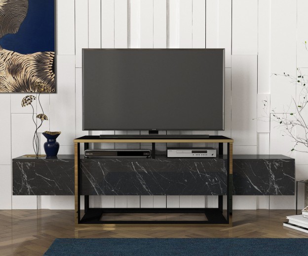 Comoda TV din pal, Bianco Negru / Auriu, l160xA46,1xH49,8 cm