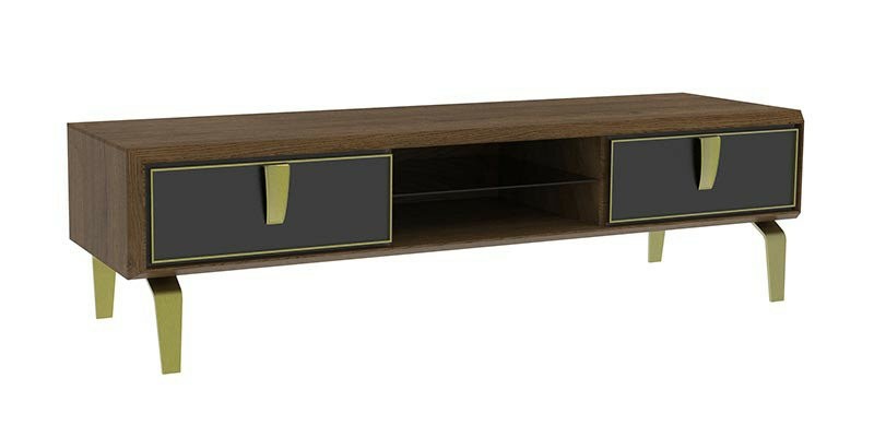 Comoda TV din pal si sticla, cu 2 sertare, Carbon Medium Negru / Nuc, l160,2xA48,2xH48,1 cm