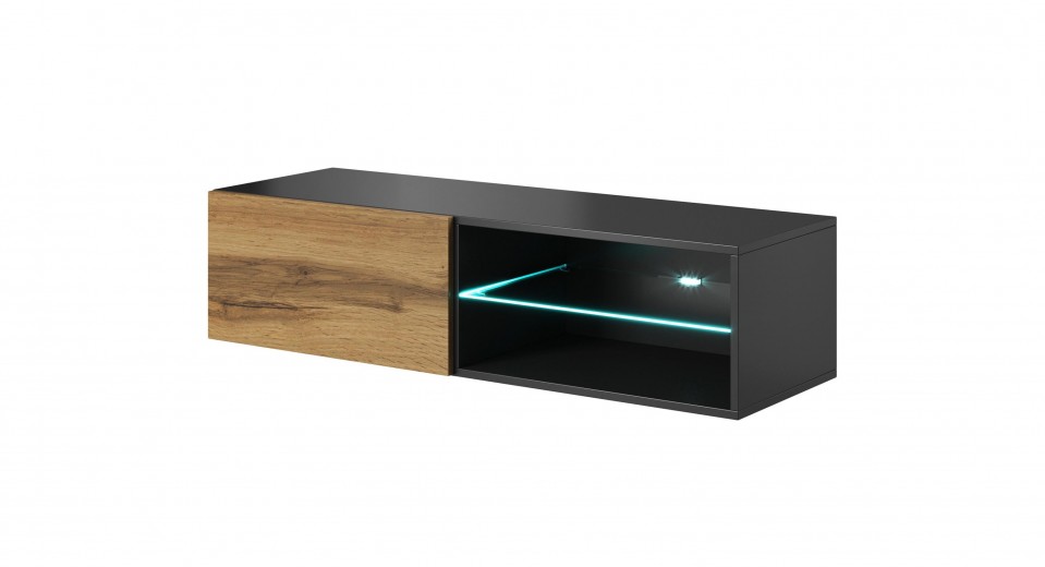 Comoda TV suspendata din pal si MDF, cu 1 usa Livius RTV-120W Wotan Oak / Anthracite, l120xA40xH30 cm