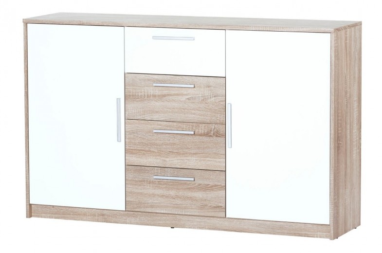 Comoda din pal, cu 4 sertare si 2 usi Milo 05 Stejar Sonoma / Alb, l145xA38xH90 cm
