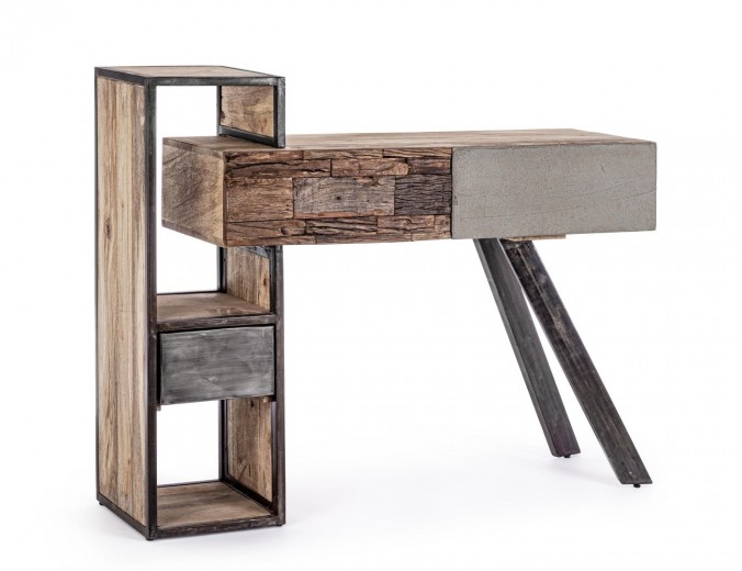 Consola din lemn de mango si metal, cu 3 sertare, Manchester I Natural / Gri / Negru, l118xA35xH95 cm