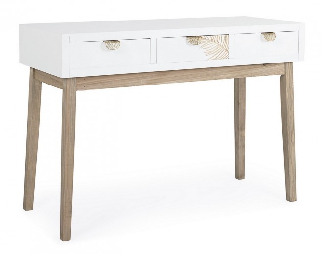 Consola din lemn de Paulownia si MDF, cu 3 sertare, Folium Alb / Natural, l110xA40xH78 cm