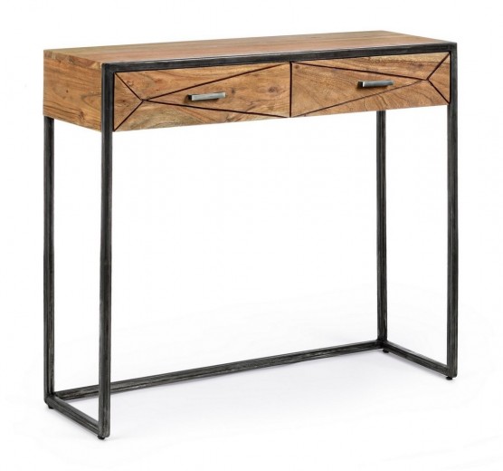 Consola din lemn de salcam si metal, cu 2 sertare, Egon Natural / Negru, l90xA30xH80 cm