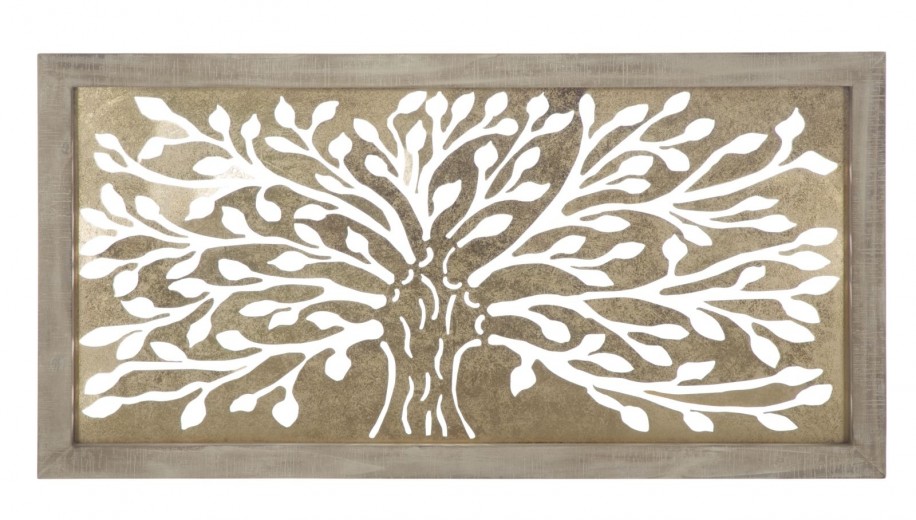 Decoratiune de perete din MDF si metal Tree Horizontally Auriu / Natural, l100xA2,5xH49,5 cm