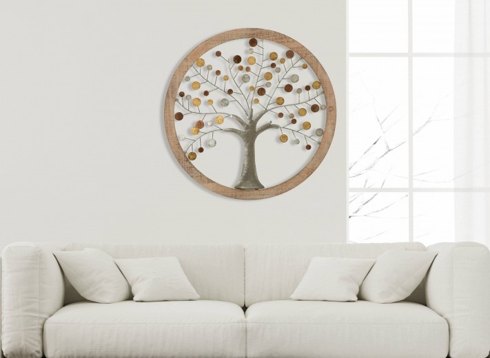 Decoratiune de perete din MDF si metal Life Tree II Natural, Ø80 cm