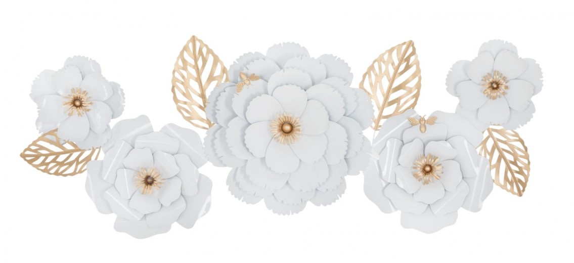Decoratiune metalica de perete, Lovely Flowers Bloom Alb / Auriu, l158xA9xH60 cm