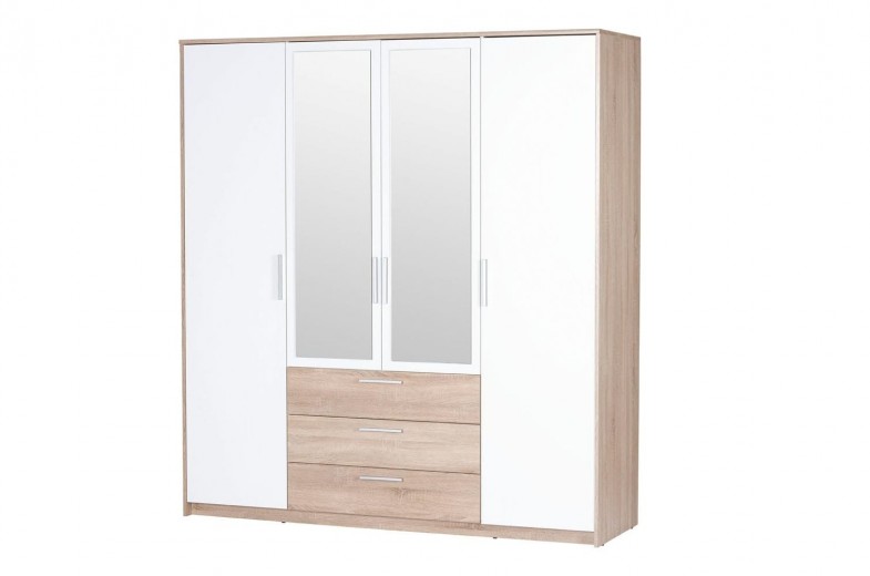 Dulap din pal, cu 4 usi, 3 sertare si oglinda, Milo 02 Stejar Sonoma / Alb, l187xA62xH206 cm