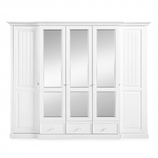 Dulap cu oglinda, din lemn de pin si pal, cu 5 usi si 3 sertare Pallas Premium Alb, l271xA71xH220 cm