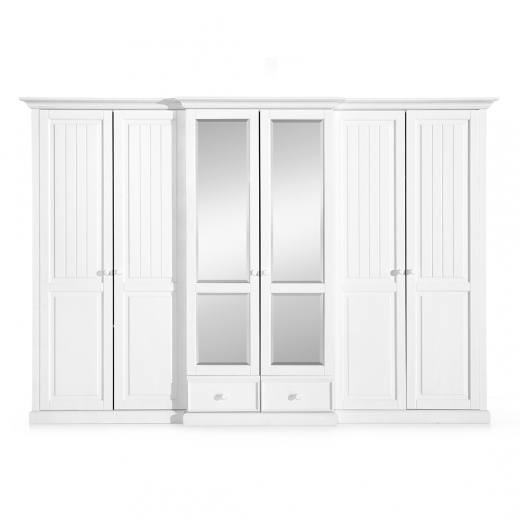 Dulap cu oglinda, din lemn de pin si pal, cu 6 usi si 2 sertare Pallas Premium Alb, l319xA71xH220 cm