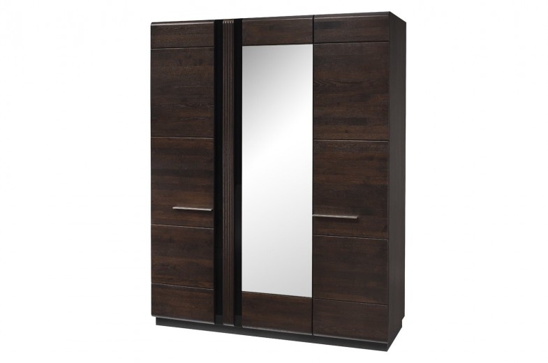 Dulap din pal, furnir si lemn, cu 3 usi si oglinda Porti 73 Stejar Choco, l165xA60xH210 cm