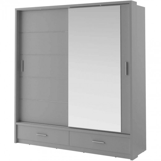 Dulap din pal, cu 2 usi glisante, 2 sertare si oglinda Arti 05 Gri Mat, l200xA63xH215 cm