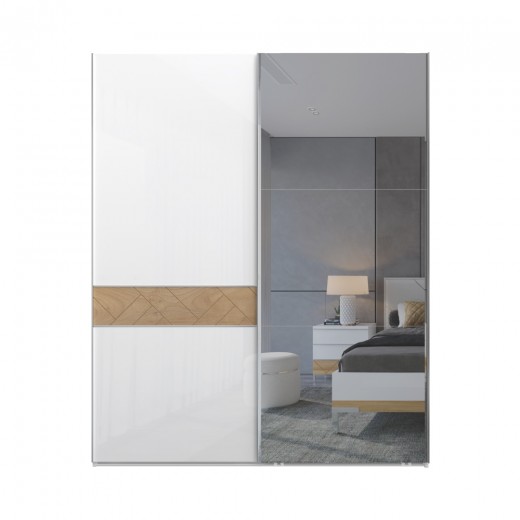 Dulap din pal si MDF, cu 2 usi glisante si oglinda, Avis PK181-OG/AV Small Alb / Nuc Pacific, l182xA61xH224 cm