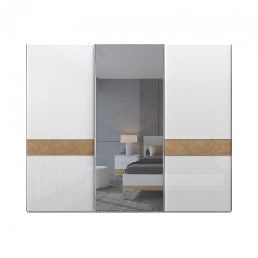 Dulap din pal si MDF, cu 3 usi glisante si oglinda, Avis PK281-OG/AV Large Alb / Nuc Pacific, l272xA61xH224 cm