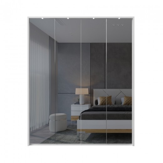 Dulap din pal si MDF, cu 4 usi, oglinda si LED inclus, Avis Stripes P4B-4OG/AV Mirror Alb, l187xA60xH227 cm