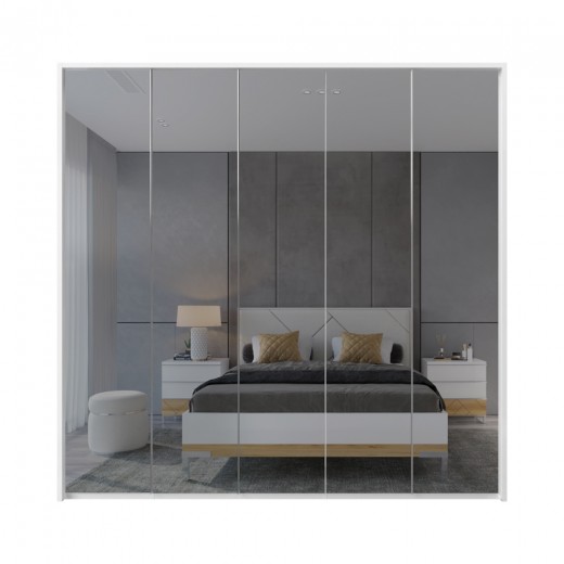 Dulap din pal si MDF, cu 5 usi si oglinda, Avis Stripes P5A-5OG/AV Mirror Alb, l232xA60xH227 cm