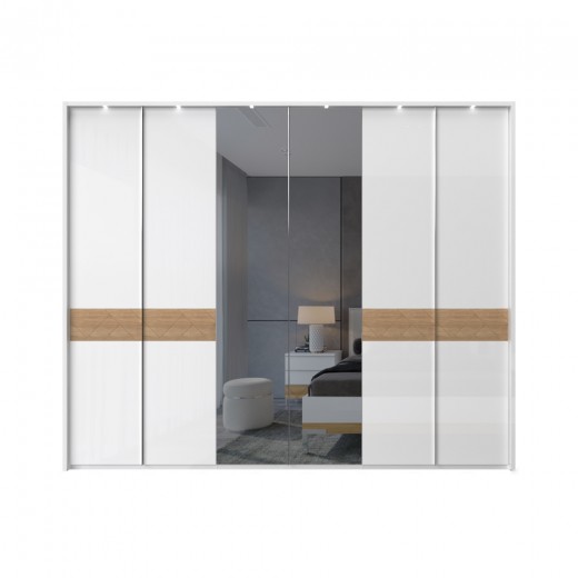 Dulap din pal si MDF, cu 6 usi, oglinda si LED inclus, Avis P6B-2OG/AV Alb / Nuc Pacific, l277xA60xH227 cm