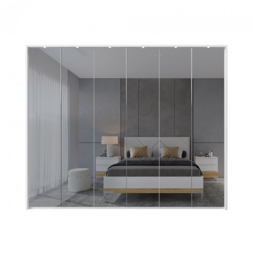 Dulap din pal si MDF, cu 6 usi, oglinda si LED inclus, Avis Stripes P6B-6OG/AV Mirror Alb, l277xA60xH227 cm