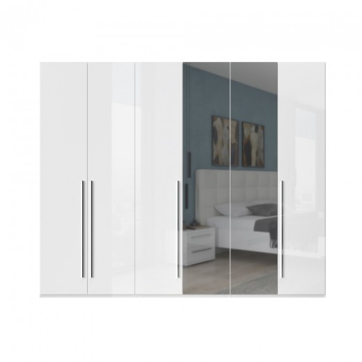 Dulap din pal si MDF, cu 6 usi si oglinda, Piano P6-2OG-2/PN Alb, l272xA56xH224 cm