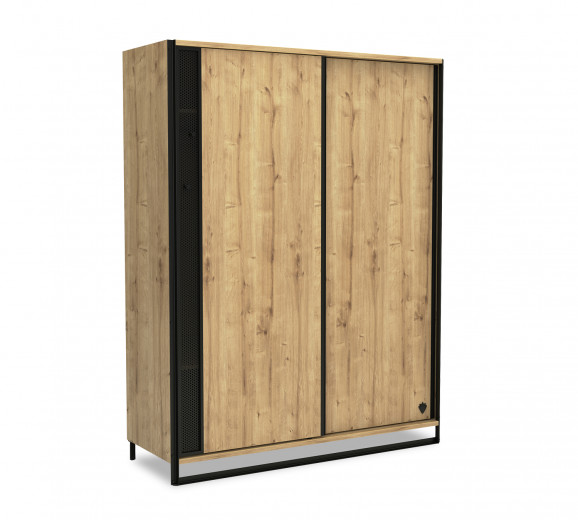 Dulap din pal si metal cu 2 usi glisante, pentru tineret Wood Metal Natural / Negru, l162xA58xH210 cm