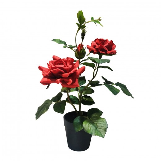 Floare artificiala in ghiveci, Rose Bush Rosu, H40 cm