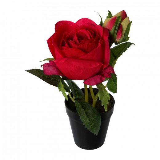 Floare artificiala in ghiveci, Rose Rosu, H17 cm