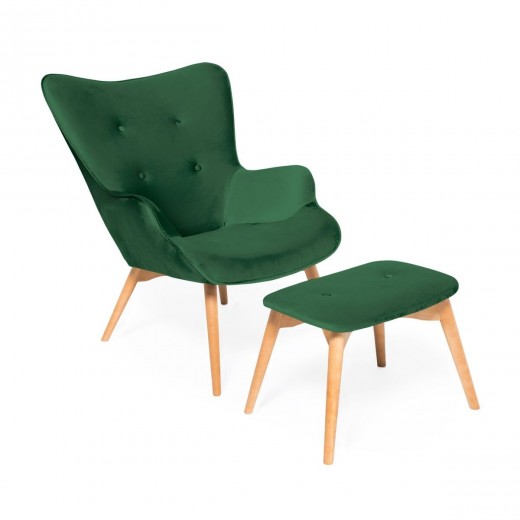 Fotoliu fix cu taburet Cora Velvet Emerald Green/Natural