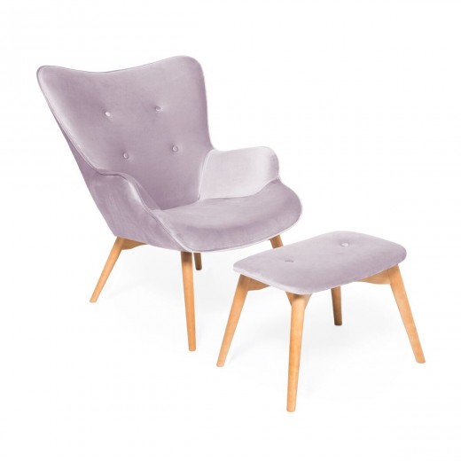 Fotoliu fix cu taburet Cora Velvet Light Lavender/Natural