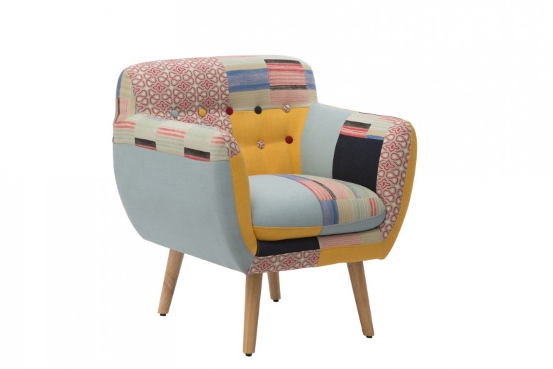 Fotoliu fix tapitat cu stofa, cu picioare din lemn Birmingham Patchwork Multicolor, l71xA65xH78 cm