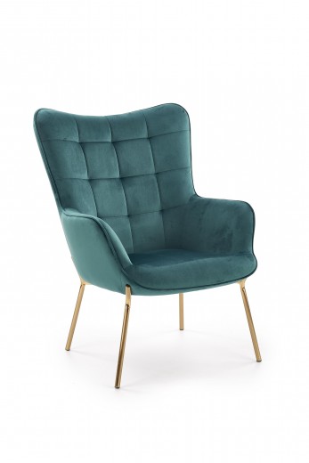 Fotoliu fix tapitat cu stofa, cu picioare metalice Castiel 2 Verde inchis / Auriu, l71xA79xH97 cm