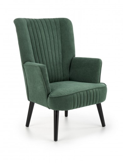 Fotoliu fix tapitat cu stofa si picioare din lemn, Delbert Velvet Verde Inchis / Negru, l75xA70xH100 cm