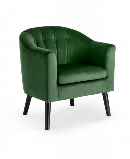 Fotoliu fix tapitat cu stofa si picioare din lemn, Marshton Velvet Verde Inchis / Negru, l70xA64xH75 cm