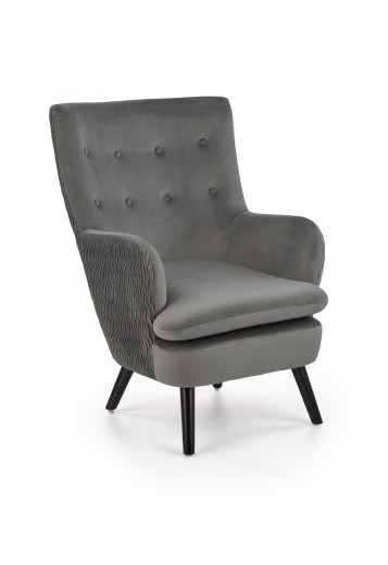 Fotoliu fix tapitat cu stofa si picioare din lemn, Raylin Velvet Gri / Negru, l70xA78xH100 cm