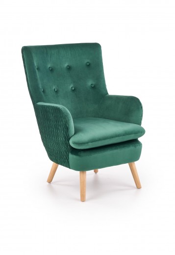 Fotoliu fix tapitat cu stofa si picioare din lemn, Raylin Velvet Verde Inchis / Natural, l70xA78xH100 cm