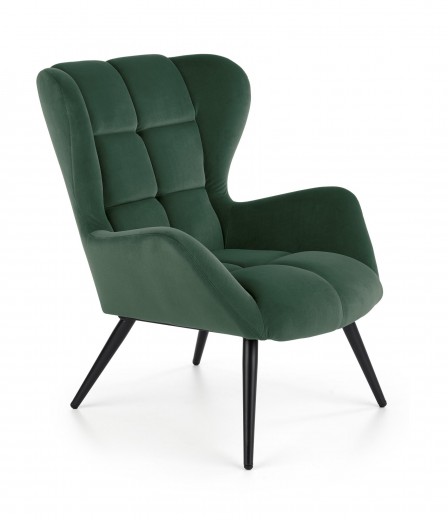Fotoliu fix tapitat cu stofa si picioare din lemn, Tyren Velvet Verde Inchis / Negru, l75xA86xH91 cm