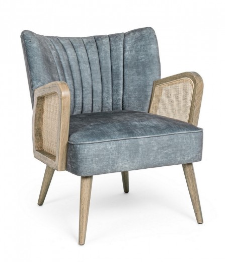 Fotoliu fix tapitat cu stofa si picioare din lemn, Virna Velvet Bleu / Natural, l64xA71xH79 cm