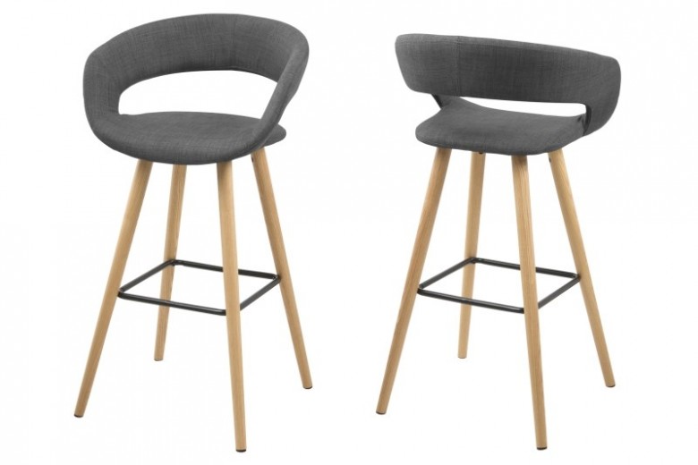 Set 2 scaune de bar tapitate cu stofa si picioare din lemn Grace Gri Inchis / Stejar, l55xA46,5xH98 cm