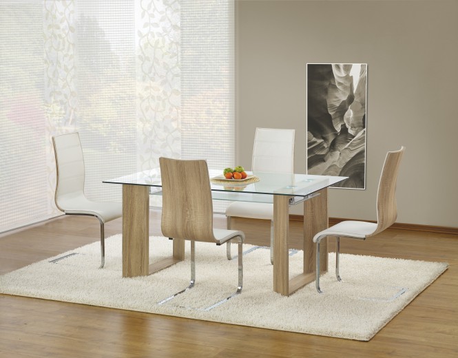 Set masa din sticla si MDF Heriberto Sonoma Oak + 4 scaune Kai-104 White / Sonoma Oak, L160xl90xH76 cm