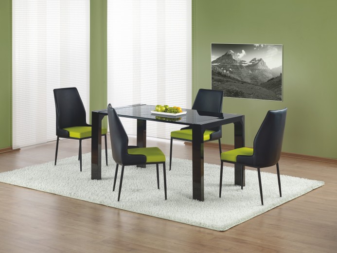 Set masa din sticla si MDF Kevlyn  Black + 4 scaune Kai-199 Black / Green, L140xl80xH76 cm