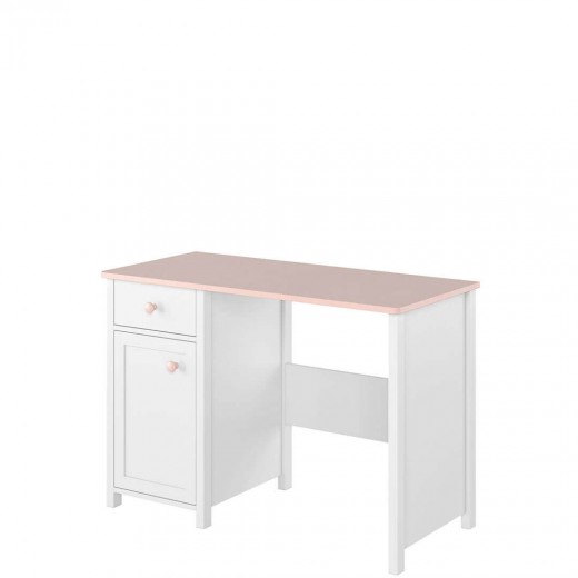 Masa de birou din pal, cu 1 sertar si 1 usa, pentru copii si tineret, Luna 03 Alb / Roz, L110xl52xH76 cm
