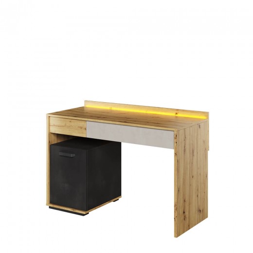 Masa de birou din pal, cu 1 usa, 2 sertare si LED inclus, pentru copii si tineret, Qubic 08 Stejar Artisan / Negru / Gri, L120xl53xH82 cm