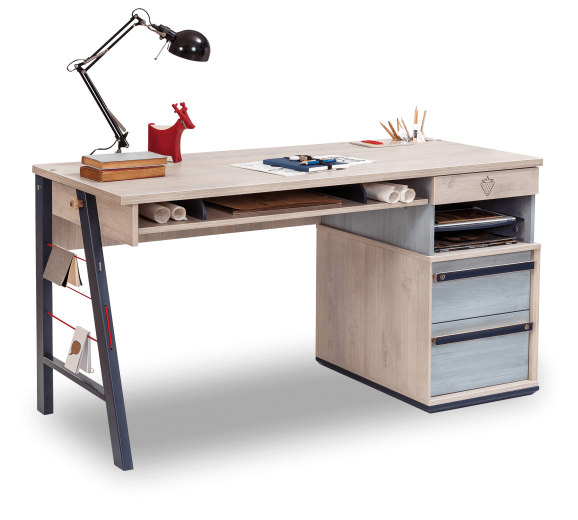 Masa de birou din pal si metal pentru tineret, baieti 12-24 ani, Trio Natur / Blue, l141xA64xH76 cm