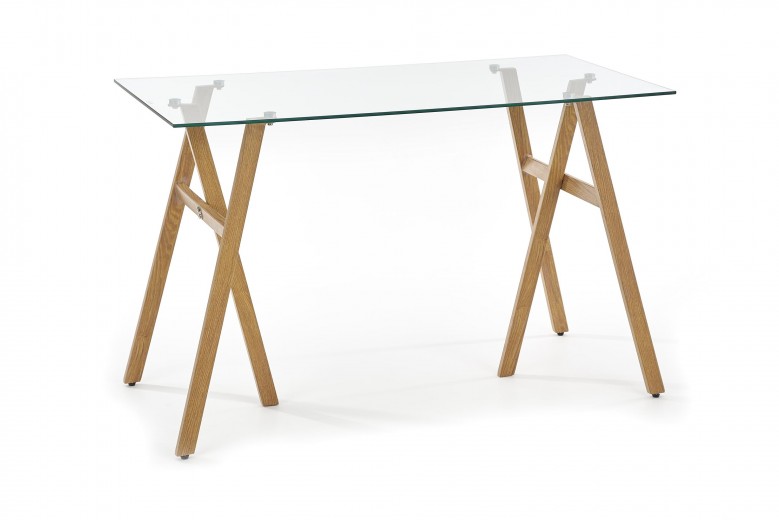 Masa de birou din sticla si metal Ben-35 Transparent / Stejar, L120xl60xH76 cm