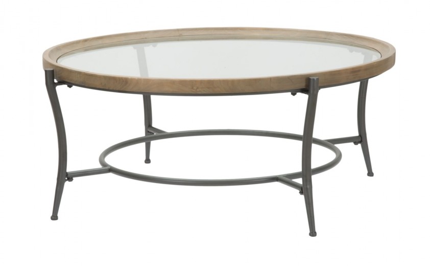 Masa de cafea din sticla, lemn si metal Glasgow Natural, Ø106xH43 cm