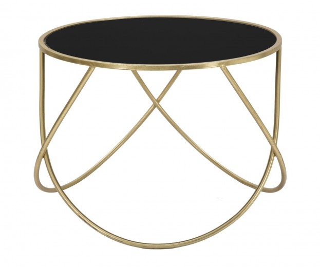 Masa de cafea din sticla, MDF si metal Ring Glam Negru / Auriu, Ø60xH45 cm