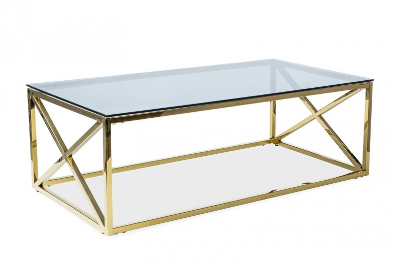 Masa de cafea din sticla si metal, Elisabett A Fumuriu / Auriu, L120xl60xH40 cm
